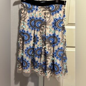 Eva Franco by Anthropologie Beige and Blue Embroidered A-Line Skirt